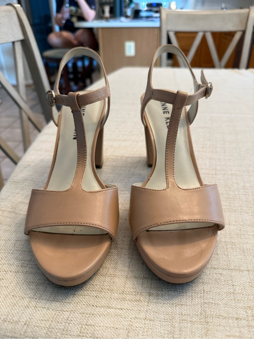 Anne Klein Nude T-Strap Block Heel Sandals